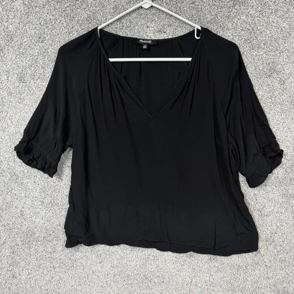Madewell Blouse Womens XS Black V-Neck Puff Sleeve Ruffle Boho Chic Romantic